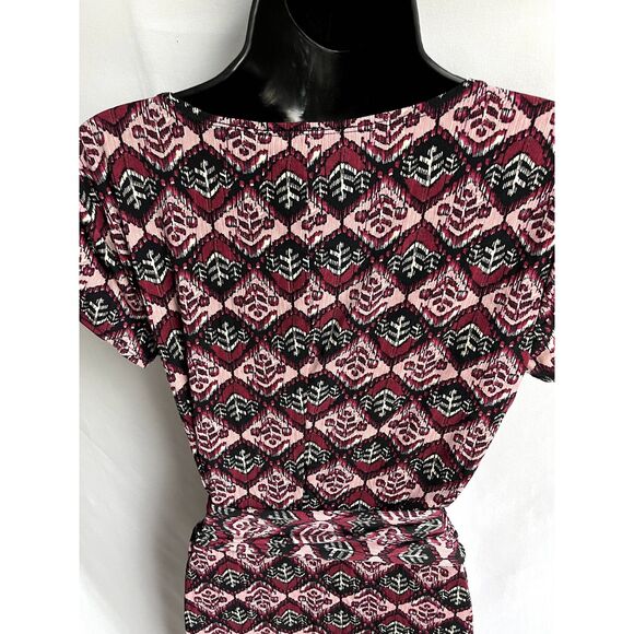 Axcess Faux Wrap Dress Pink Multi Mosaic Burgundy sz M Feminine Romantic Belted - Picture 6 of 10